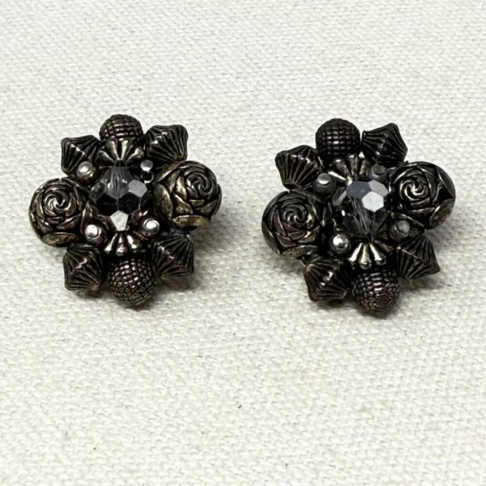 Vintage‎ Bead Cluster Earrings Silver Gray Clip-On Retro Dark Classic